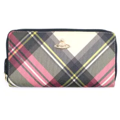Vivienne Westwood (ヴィヴィアンウエストウッド) オーブロゴプレート チェック総柄 PVC ラウンドファスナー ロングウォレット 長財布 ゴールド金具 ホワイト/レッド