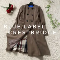 7.3万　ブルーレーベルクレストブリッジ　ノーカラーロングフレアコート　美品 36サイズ 三陽商会  ダブルブレスト BLUE LABEL CRESTBRIDGE クレストブリッジチェック