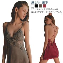 バックオープン ルームウェア 寝巻き ノースリーブ 部屋着 ナイトウェア Vネック 寝間着 パジャマ パジャマ サテン風 女性 寝巻き レディース 夏 ネグリジェ レース ワンピパジャマ キャミソール#sowa6586917