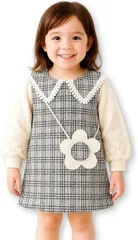 Lezalic ワンピース キッズ ブラック チェック柄 袖刺繍レース 花ポシェット飾り 入園式 お出かけ 発表会 結婚式 誕生日 フォーマル(110cm)