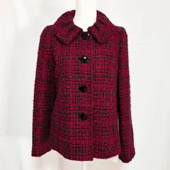#wnc レリアン Leilian コート 9 赤 黒 ツイード 千鳥格子柄風 モヘア混 タック襟 ジャケット フランス製生地 レディース [773239]