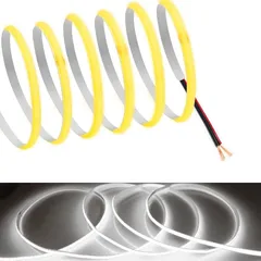 【RYE】 COB テープライトLEDストリップライトフレキシブル 高密度 幅5mm 隠れたLEDテープライト0.5m 320LEDs/m 白光色6000K DC12V 180°発光CRI>=90，両面テープ変形可能 切断可能 黒と赤のワイヤーに接続 寝室 0