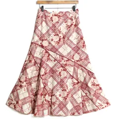 インゲボルグ★マーメイドライン♪ローンスカート アイボリー×赤系 サイズM♪チェック&ブーケ柄♪レースも♪z14872