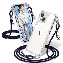 iPhone 13 mini ケース クリア ショルダー 耐衝撃 iPhone13mini スマホケース 透明 織りストラップ付き 肩がけ 首掛け 紐付き アイフォン13mini カバー 縄掛け シングルショルダーロープ 斜めがけ 調節可能なショルダー ク 1