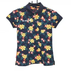 【超美品】ルコックゴルフ 半袖ポロシャツ ネイビー×イエロー×レッド 総柄 花 リーフ レディース S ゴルフウェア le coq sportif