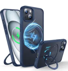 ★FNDMIL【米軍MIL規格・Magsafe対応】360°回転 iPhone 13/14 用 ケース [滑り止めテクスチャ] [目に見えないスタンド]シリコン付き半透明マットハードケース アイフォーン 13/14 用 ケース マグセーフ対応（ブルー）