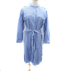 ユニクロ UNIQLO JW ANDERSON シャツワンピース バンドカラー 長袖 ロング丈 ストライプ柄 リボンベルト付き M 青 ブルー オフホワイト /HO20