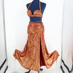 【ベリーダンス用 オリエンタル衣装】レッド×ゴールド スパンコールラメ 赤 ビーズ 豪華 ラメ 光沢 スリット 輝き 華やか 柄 トップス スカート アクセサリー セット ダンス コスチューム ファッション 豪華衣装