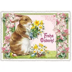 ポストカード  ドイツ 製  ハッピーイースター  花束 と うさぎ   イースター  ラメ グリーティングカード  絵はがき  雑貨  小物  ウサギ うさぎ