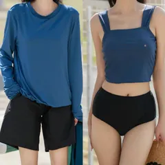 未使用 テディショップ タンキニ水着 ビキニ ラッシュガード ハーフパンツ 4点セットレディース 体型カバー 長袖シャツ LL ダークブルー ブラック