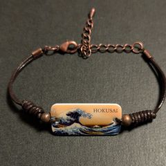 【ハンドメイド】北斎「神奈川沖浪裏」レザーコード・ブレスレット(ダークブラウン)