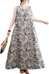 blue beryl ワンピース レディース ロング ノースリーブ フラワープリント シック Aライン サマードレス 綿混 ふんわり おしゃれ きちんと感 ヘルシー 裏地なし 高見え オオキイ 大人っぽい 軽い 簡単 軽量(ネイビー,  L)