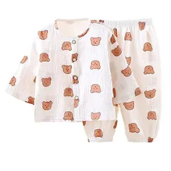 くまちゃん_80 Ｆｕｔｕｐｅ ベビー パジャマ 薄手 長袖 長ズボン 前開き ボタン 綿100% ダブルガーゼ キッズ 女の子 男の子 ルームウェア 上下セット 80 90 100 赤ちゃん 寝巻き 子供 部屋着 パじゃま 夏 秋 春 くまちゃん 80