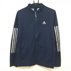 ★特価★【超美品】アディダス ジャケット ネイビー×シルバー 袖3ライン ロゴプリント 背中一部メッシュ メンズ L ゴルフウェア adidas