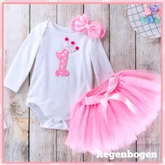 【新品】80㎝ 1歳誕生日 ベビードレス 長袖 ピンク リボン 3点セット