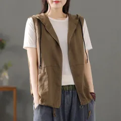 ☆ ブラウン ☆ M ☆ フード 前開きベスト レディース 綿麻風 ベスト レディース 前開き 前あきベスト フード付きベスト 綿麻混 ポケット付き 羽織もの はおりもの 重ね着 レイヤード 春 夏 秋 シンプル 無地 おしゃれ 大人 かわいい オシャレ