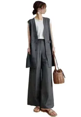 [ALL DAY Shining] セットアップ パンツ ロングジレ パンツスーツ シンプル オフィスカジュアル ワイドパンツ ノースリーブジャケット ベスト レディース (JP, アルファベット, M, 標準, グレー) [グレー] [M] [標準]