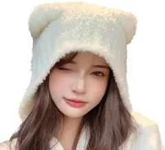 Electric Circus ニット帽子 耳付き ゆったり ふわふわ レディース ニットキャップ 小顔効果 コスチューム( ホワイト,  Free Size)