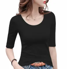 【迅速発送】5分袖Tシャツ Tシャツ カットソー Uネック 春秋 夏 ストレッチ レディース トップス 綿 コットン 5分袖 タイト tシャツ 無地 スリム インナー シンプル カジュアル