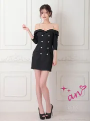 ブラック[OF05] [AOC3908-GY-2505]XSサイズあり【an /アン】ショルダービジュー/ ダブルボタン/ オフショル/ ハーフスリーブ/ ジャケット風/ タイト/ ミニドレス/ キャバドレス