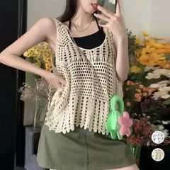 かぎ針編み風 ビスチェ ニットトップス 重ね着 シンプル 透かし編みベスト春夏 セクシー タンクトップ 韓国風 クロシェ編み ニットトップス レイヤードトップス サマーニット 体型カバーベスト夏