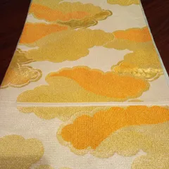 袋帯　オレンジと金　雲模様　裏水色　六通　中古