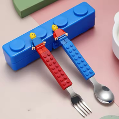 【再入荷】o17：ブロック スプーン フォーク セット ケース付き レゴ風 カラフル 可愛い 子供 キッズ 幼稚園 小学校 男の子 女の子