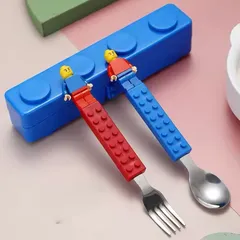 【再入荷】o17：ブロック スプーン フォーク セット ケース付き レゴ風 カラフル 可愛い 子供 キッズ 幼稚園 小学校 男の子 女の子