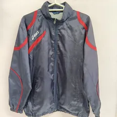 [asics]アシックス ウィンドブレーカー キッズ 子供服 古着 裏起毛 150cm 紺 赤（い-133，ソ）