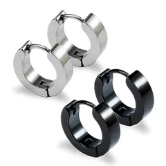 【数量限定】ブラック 4個セット シルバー 2色 レディース ステンレス メンズ イヤーカフ リングピアス シンプル 両耳分 フープピアス セット Yesallwas (A)