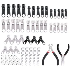 【ラスト1点】ファスナー引っ張り 多機能ジッパーヘッド ジッパー ジッパー 財布裁縫/手作り/服装/荷物/手芸 DIY 交換用 修理コート/バッグに使用でき 縫製 修理用ペンチ２個付き 簡単ジッパー修理屋さんに適用(86pcs入り) ファスナー修理キット