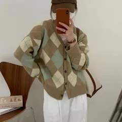 ニット カーディガン レディース 新作 チェック柄 菱型 セーター Vネック 長袖 厚手 トップス アウター 秋 冬 デザイン感 前開き ボタン ニットカーディガン ゆったり カジュアルxzxiaoyun141