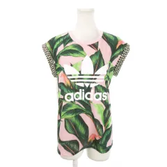 アディダスオリジナルス adidas originals Tシャツ カットソー ラウンドネック 丸首 半袖 フレンチスリーブ トレフォイル ロゴ リーフ柄 チェック 総柄 M ピンク /MN26