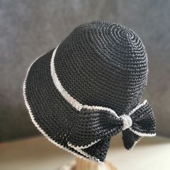 サマーハット：春夏用・リボン《ブラック×ホワイトミックス》ハンドメイド