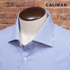 CALIBAN/44cm/ストライプ柄シャツ なめらか綿100％ カッタウェイ 爽やか 長袖 イタリア製 新品/青/ブルー/kc385/