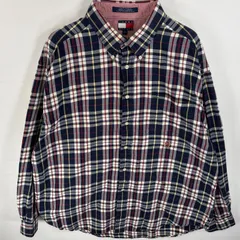 古着 90's/90年代 トミーヒルフィガー TOMMY HILFIGER 長袖シャツ ボタンダウンシャツ ワンポイント ロゴ 刺繍 ネルシャツ XL  ネイビー系 チェック メンズ