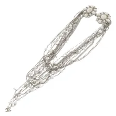 CHANEL (シャネル) ココマーク ロングチェーン フェイクパールデザイン ブローチ ネックレス ホワイト/シルバー