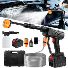 高圧洗浄機 コードレス 高性能6in1ノズル噴射距離10M充電式 バッテリー式水道接続不要安全ロック機能搭載多機能洗車機 高圧洗浄器 軽量 ポータブル 水圧が高い収納ボックス付き、5mホース、フォームボトル、説明書自吸式洗車機 洗車/自転車/外壁/玄関/階段/