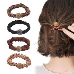 【在庫処分】高弾性 シンプル かわいい おしゃれ エレガント ヘアアレンジ 髪に優しい レディース 髪飾り 静電気防止 髪留めゴム ヘアアクセサリー ヘアリングゴム 仕事用 可愛いリボンゴム リングゴム ヘアシュシュ 4個セット（ブラック＋レオパード＋ダークカ