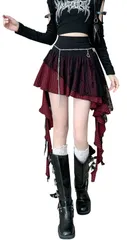 Size:M_Color:レッド [ＷＡＮＳＨＩＸ] レディース ミニスカート チェック柄 ハイウエスト ミニ ハイウエスト Aラインスカート アシンメトリー プリーツスカート 切り替え ショート丈 レース 地雷系 原宿系 サブカル系 通勤 通学(Mレッド)