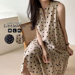 ワンピース レディース 水玉 ドット ノースリーブ  大きいサイズ 春 夏 秋 フレアスカート ロング丈 ゆったり ガーリー フェミニン 韓国
