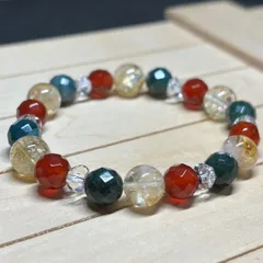 【No673】天然石ブレスレット　シトリン　レッドアゲート　モスアゲート　カット水晶