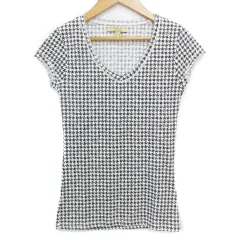 ザラ トラファルック ZARA Trafaluc Tシャツ カットソー 半袖 Vネック 千鳥格子柄 S 白 黒 ホワイト ブラック /FF45