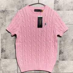 【未使用品】【極美品】POLO RALPH LAUREN　半袖 ケーブルニット　Мサイズ　ピンク　コットン　ロゴ刺繍 ブルー