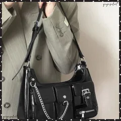 ショルダーバッグ マルチポケット肩掛け鞄 レディース チェーン付き おしゃれ 手提げ鞄 PUレザー 斜めがけバッグ かっこいいトレンドカバン 韓国風bag春夏秋冬 ストリートバッグ黒 ヴィンテージライク 古着風バッグ 人気