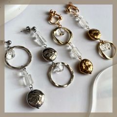 【304ステンレス ポスト 24KGP 本金メッキ】  アシメ 輪っか サークル メタル 天然石 ピアス クォーツ クリスタル ゴールド シルバー フープ アシンメトリー アレルギー対応 ハンドメイドピアス 【イヤリング変更可能】
