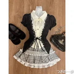 ダークバレエ風 甘美な魔女セットアップ ブラックウエストシェイプ フェイクレイヤードブラウス + グレー格子レースプリーツスカート 日系ゴシックロリータ風 可愛い甘辛ミックスコーデ xzjhfnn#