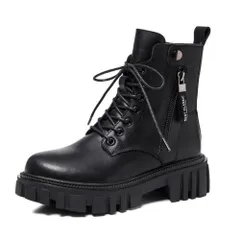 [ALVEIN] ブーツ レディース 両側ジッパー ショートブーツ アンクルブーツ 厚底 レースアップ 編み上げ 履きやすい 通気性 ヒール4.5cm 防滑性 (ブラック, 日本の靴のサイズ寸法, 大人, 数値, 22.5 c [ブラック] [22.5 cm]