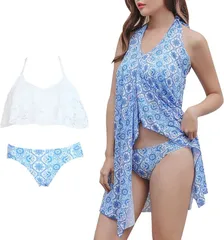 RONGUI 水着 レディース 体型カバー ビキニ ワンピース 3点セット ホルターネック ママ水着 スイムドレス( ブルー,  M)