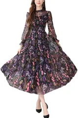 Ava Knights 母の日 花柄 シフォン レース 長袖 ワンピース Mサイズ( ブラック,  M)